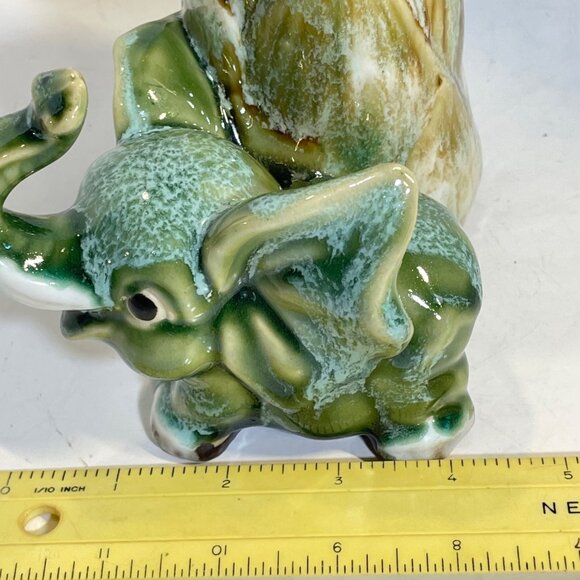 Vintage Elephant & Lotus Planter/Holder Hand-Glazed Ceramic Green & Brown - Picture 11 of 11